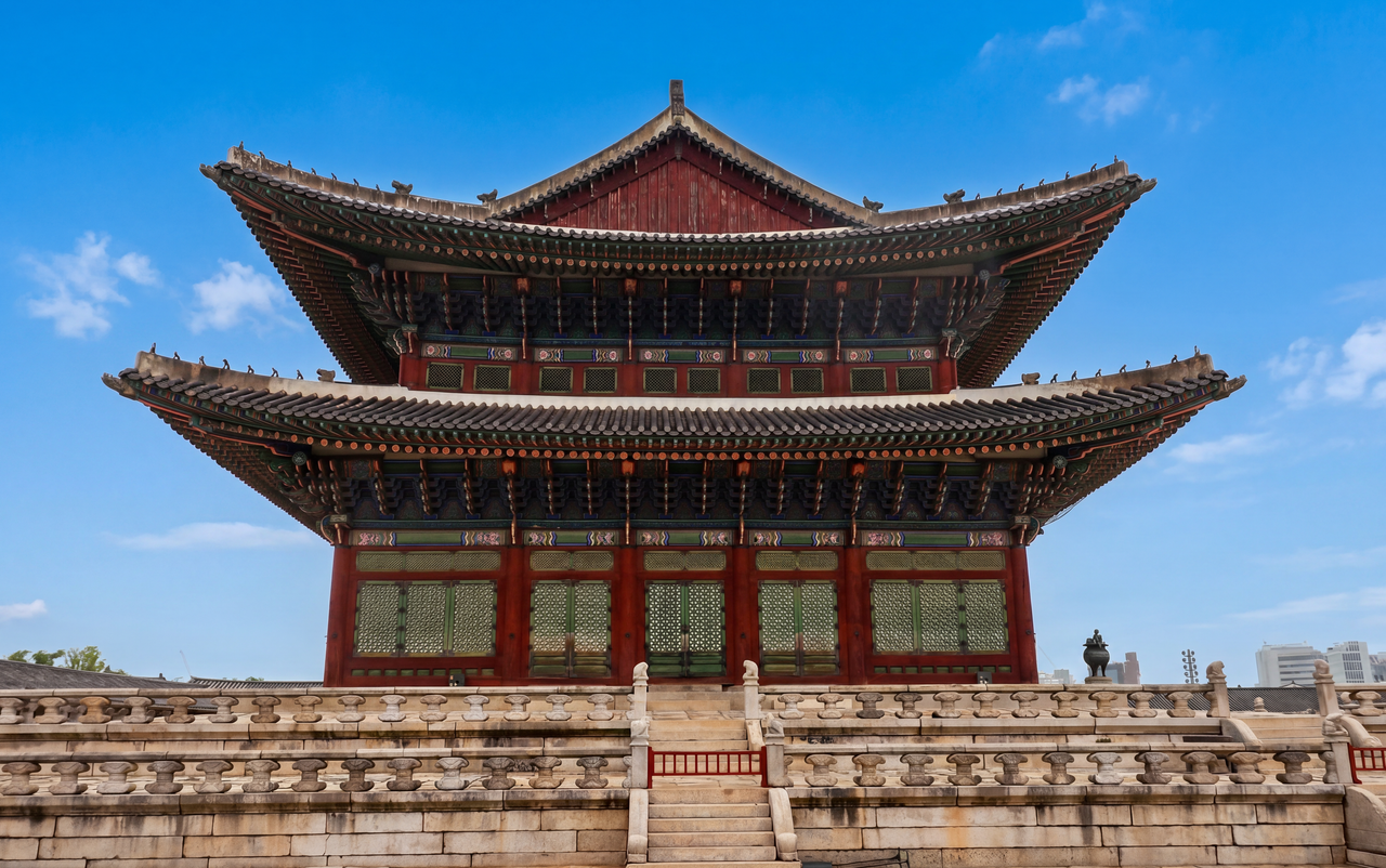 Traditional Korean architecture of Gyeongbokgung Palace under a clear blue sky.